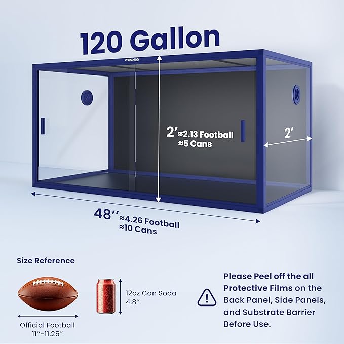 Phailozoo 120 Gallon Bearded Dragon Tank,48" x 24" x 24" Reptile Tank with Sliding Door Top Screen Ventilation, Front Opening Reptile Enclosure for Easy Maintenance