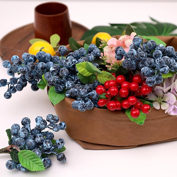 Fake Blueberries Artificial Berry Picks for Decor,Artificial Blueberry Stems for Lifelike Fruits Arrangement Flowers DIY Christmas Wedding Crafts-3 Pack