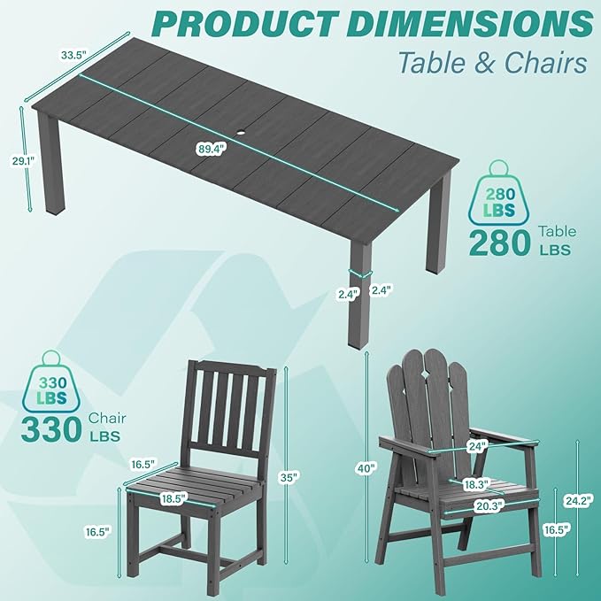 11-Piece Patio Dining Set, Outdoor Dining Set for 10, HDPE All-Weather Outdoor Furniture with 89.57” Umbrella Hole Table, 2 Armchairs & 8 Armless Chairs, Gray