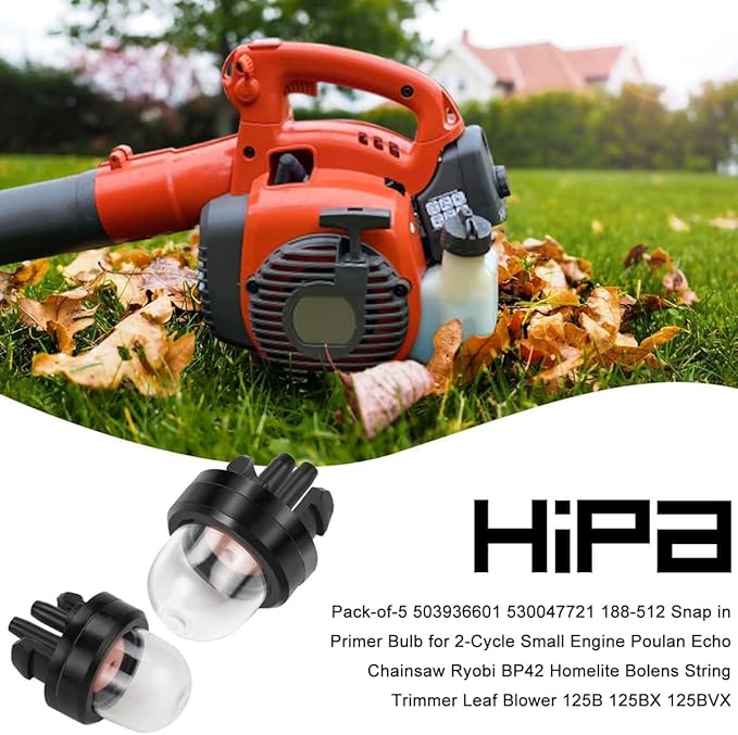 Hipa 188-512-1 Snap in Primer Bulb for 2-Cycle Small Engine Poulan Echo Chainsaw Ryobi BP42 Homelite Bolens String Trimmer Leaf Blower 125B 125BX 125BVX 530047721 503936601 5Pack