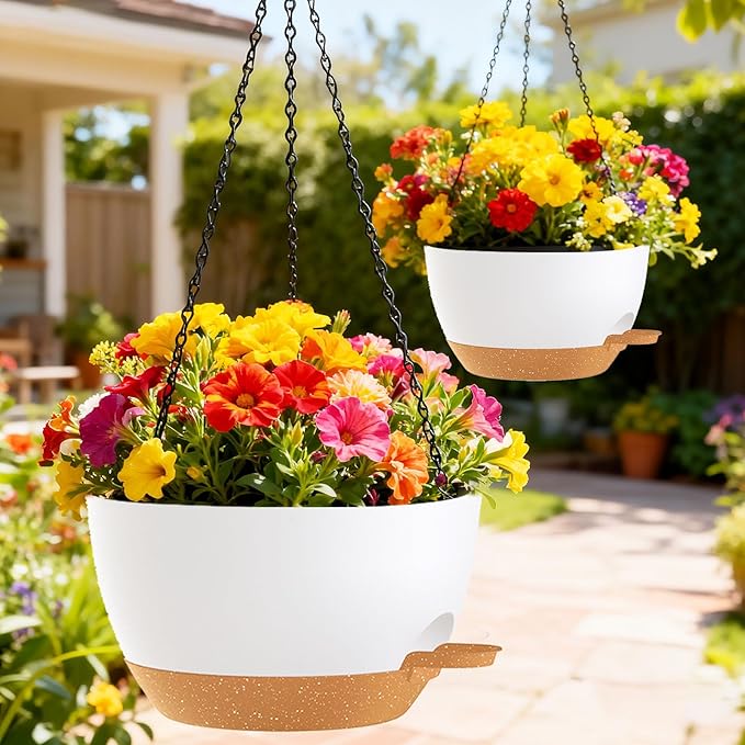 SQKH 12 Inch Hanging Baskets 2 PC with Chains, Self-Watering Hanging Planters for Indoor Outdoor Plants, Plastic Hanging Flower Pots,White Brown