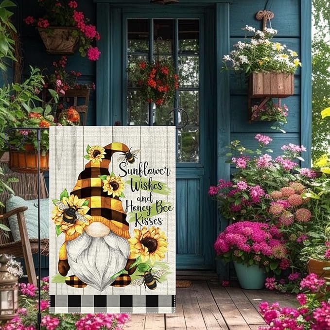 Spring Summer Buffalo Plaid Gnome garden flag Bee Sunflowers 12x18 inch Double Sided Small Burlap Home Outdoor Yard Lawn Patio Flags Decorations