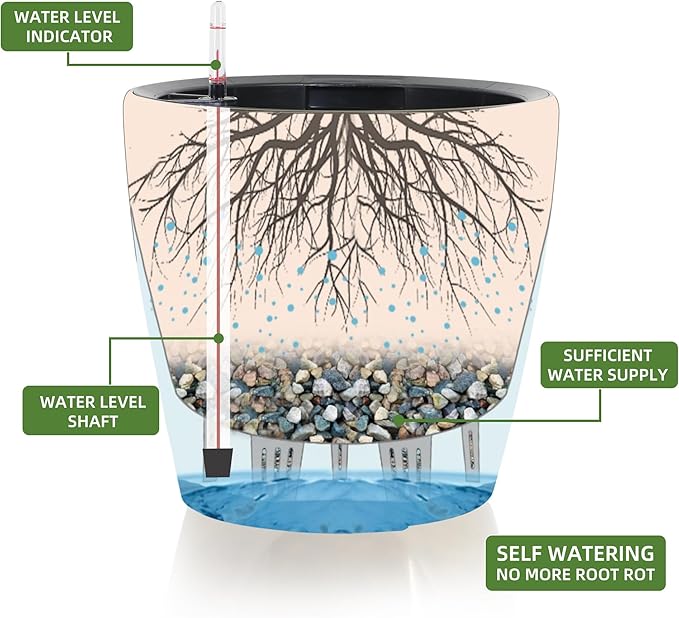 Dexceder 18x17 Self Watering Planter with Wheels Indoor Outdoor, Inner Pot Design, Thickened Large Floor Standing Flower Plant Pot with Water Level Indicator (Grey Gold Crackle)