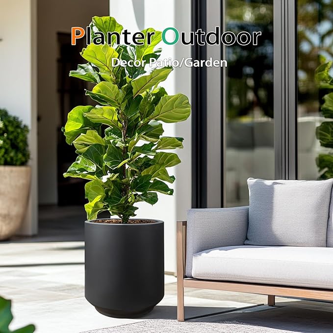 Heyzier Concrete Planter Outdoor Indoor, Large Cement Plant Pots for Trees Flowers (Black, 17 inch)