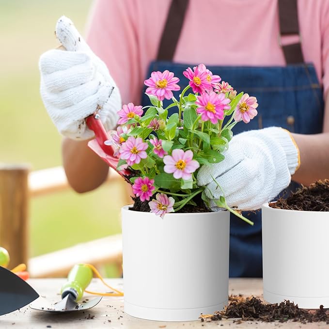 Meowell 10/8/6 inch Deep Flower Pots, 3 Pack Cylinder Tall Plant Pots for Outdoor Indoor Plants, Large Decorative Plastic Planters with Drainage Holes and Saucers for Garden House Plants, White
