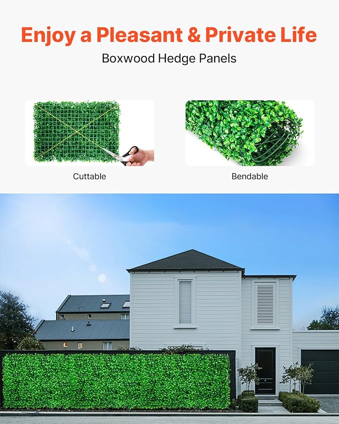 VEVOR Artificial Boxwood Panels 8pcs, 24 x 16 in Boxwood Hedge Wall Panel Artificial Grass Backdrop, 1.6 in Green Fake Grass Wall for Privacy Fence Decor Indoor Outdoor Garden Backyard