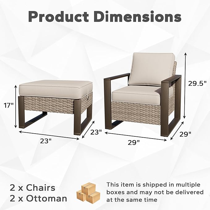Joyside Outdoor Patio Chairs, 4 Pieces Wicker Rattan Furniture Set, 2 Patio Chairs and 2 Ottoman, Metal Wide Armrest, Thick Cushions and Deep Seating for Garden, Backyard, Porch, Deck