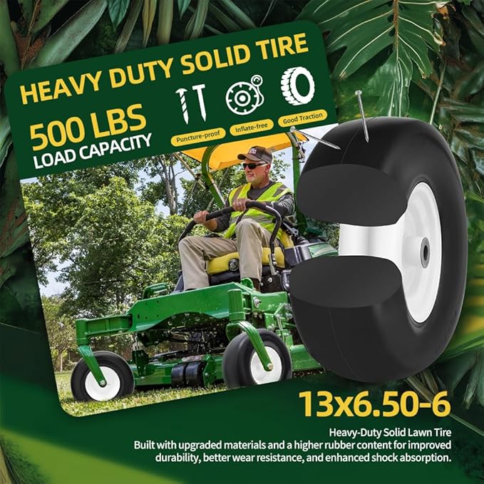 13x6.50-6 Lawn Mower Tires Flat Free with Rim Assemblies (2 Pack),Universal 13x6.5-6 Solid Smooth Rubber Zero-Turn Lawn mowers Tire,5.5"-7.72”Centered Hub and 3/4" extra 5/8" 1/2” Bushings