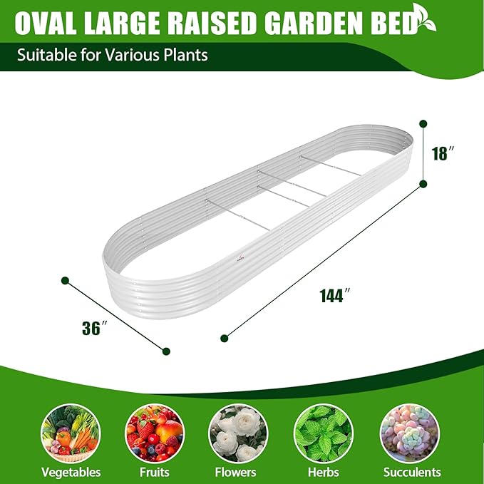 A ANLEOLIFE 3 Pcs 12X3X1.5 ft Oval Extra Large Galvanized Raised Garden Beds Outdoor for Planting Vegetables Flowers Herb, Antique White