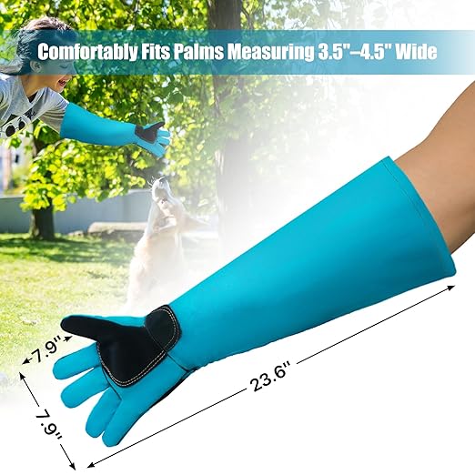 23.6" Leather Welding Gloves, 932℉ Heat-Resistant Long Gauntlet for MIG/TIG/Stick, Bite-Resistant Animal Handling, BBQ/Fireplace/Gardening, Reinforced Palm, Blue
