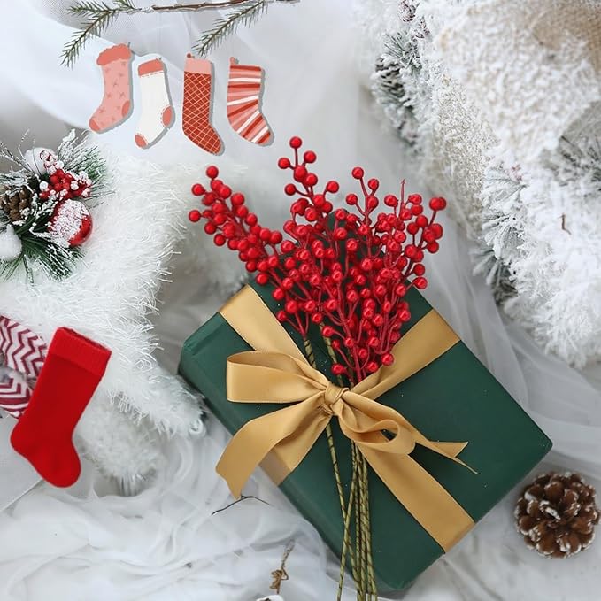 16 Pack Artificial Red Berry Stems Holly for Christmas Tree Decorations for Crafts, Holiday and Home Decor