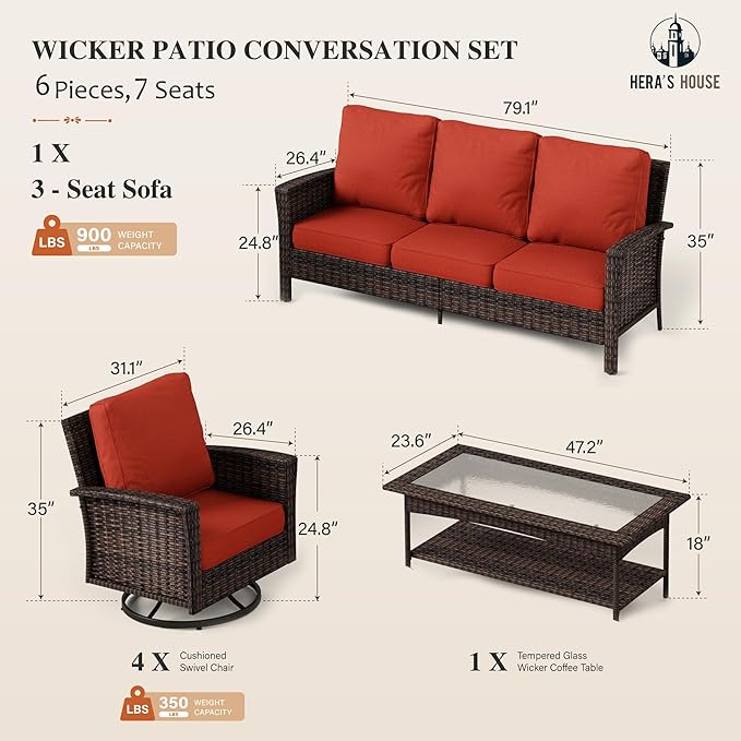 HERA'S HOUSE Red Patio Furniture Set, 35" High Back Swivel Chair with 5.5" Thick Cushions, Oversized Outdoor Wicker Conversation Set for Deck Garden Poolside Backyard Lawn
