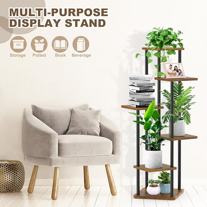 YOCOMEY 6 Tier Wood Tall Plant Stand Metal Rack Indoor, Multiple Flower Pot Holder Shelves Corner Rack, Planter Shelf Display Rack Storage Organizer for Patio Living Room Balcony Garden(Black)