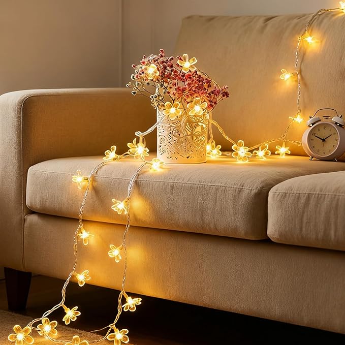Indoor Decorative Flower String Lights , 33ft 100 LED Plug in Fairy Cherry Blossom Floral Lamp for Bedroom Window Wall Ceiling Tree Hanging, Christmas Thansgiving Easter Decorations (Warm White)