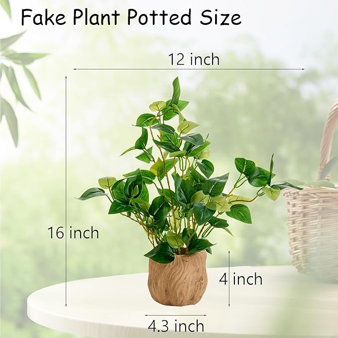 Arbolanta 16'' Fake Pothos Plant Decorative Artificial Plant in Yellow Embossed Pot Real Looking Faux Greenery for Modern Home Farmhouse Office Bathroom Bedroom Indoor Decoration