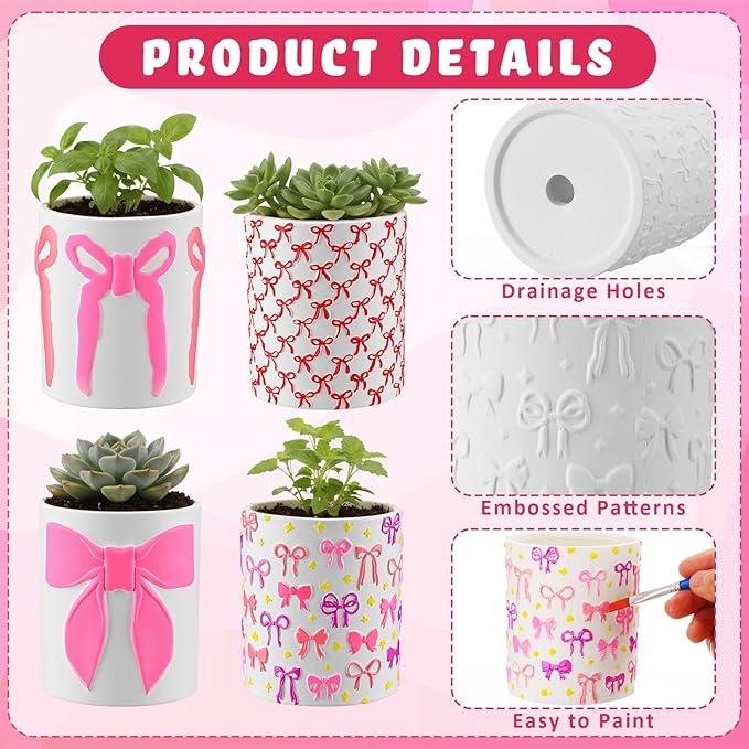 Zubebe 12 Pcs Paint Your Own Valentines Bow Ceramic Pots Bulk Unfinished Succulent Pots Painting Kit with Drainage Hole Mini Paintable Plant Vase Ready to Paint Planter for Valentines DIY Craft