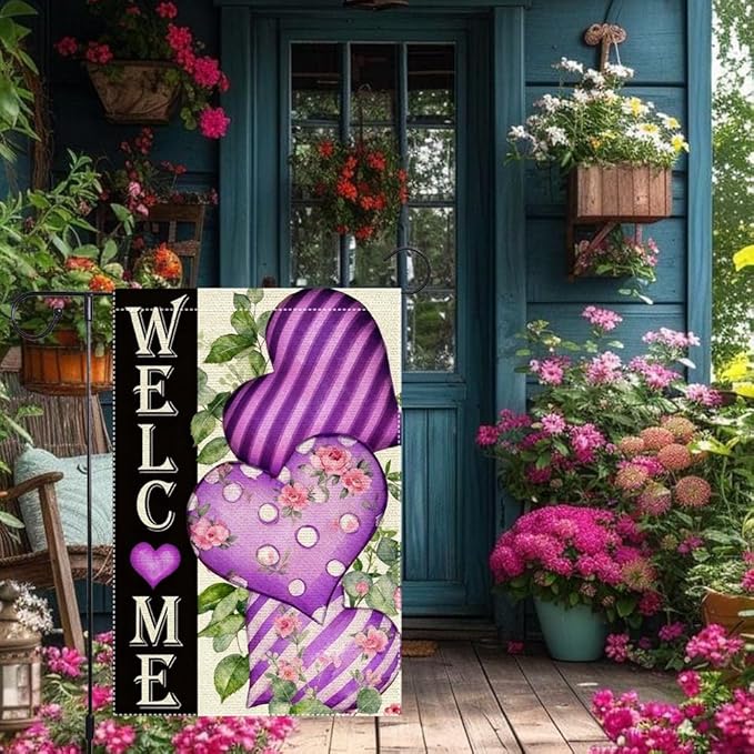 Welcome Valentines Day Garden Flag 12x18 Inch Double Sided Small Burlap Purple Hearts and Floral Seasonal Decor for Outdoor Yard Patio Porch