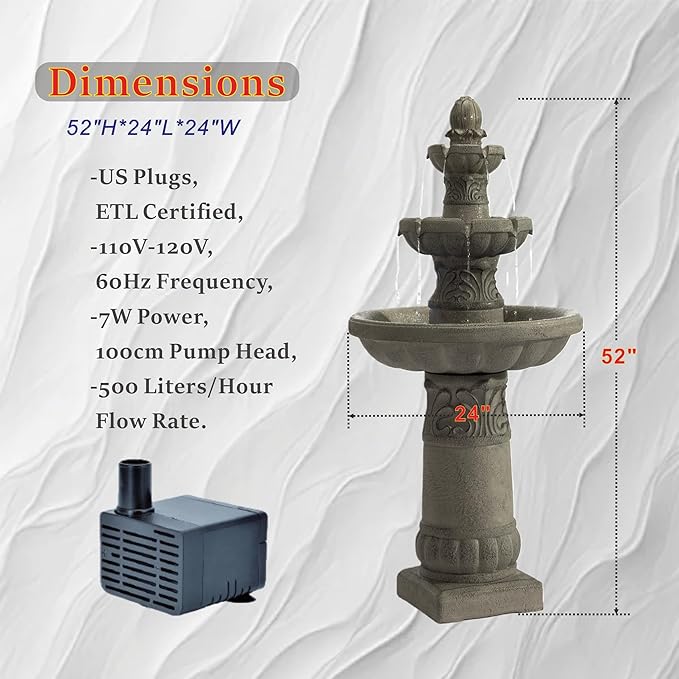 52" H 3-Tier Outdoor LED Garden Fountain, Large Floor Standing Cascading Waterfall with Bubbler Design, Resin Water Feature for Patio Yard Garden, Gray