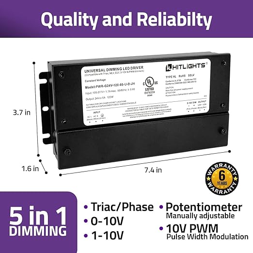 HitLights 120W Dimmable LED Driver, Electronic Transformer, 120V AC to 24V DC Power Supply for LED Strip Light, IP66 Rated, Dimming with TRIAC, 0-10V, 1-10V, Potentiometer, 10V PWM, UL Listed, Class 2