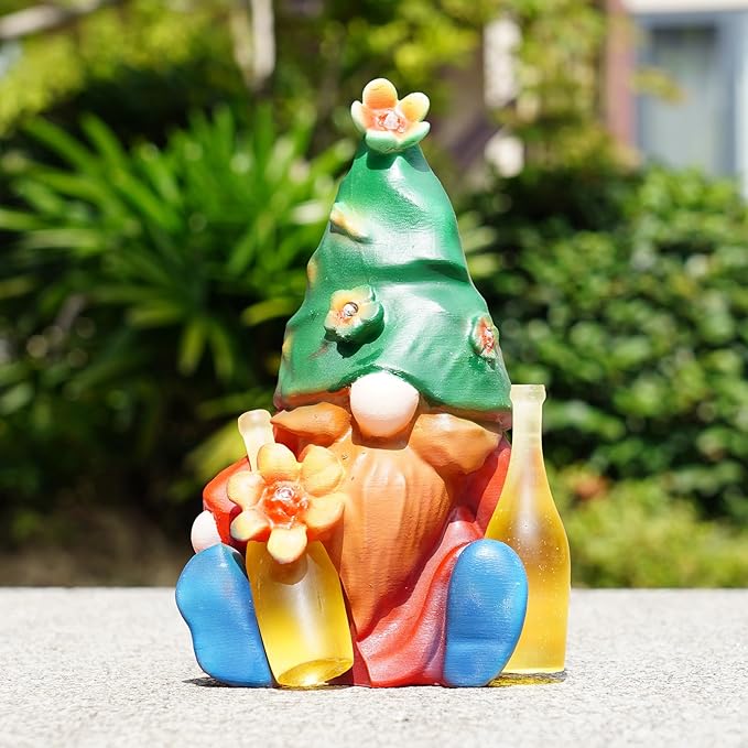 Solar Garden Statues Lights, 8.5" Christmas Outdoor Gnome Figurine with Auto On/Off for Yard Patio Decor, Gifts for Women, Grandma, Mom, Housewarming (Tipsy Bloom Gnome)
