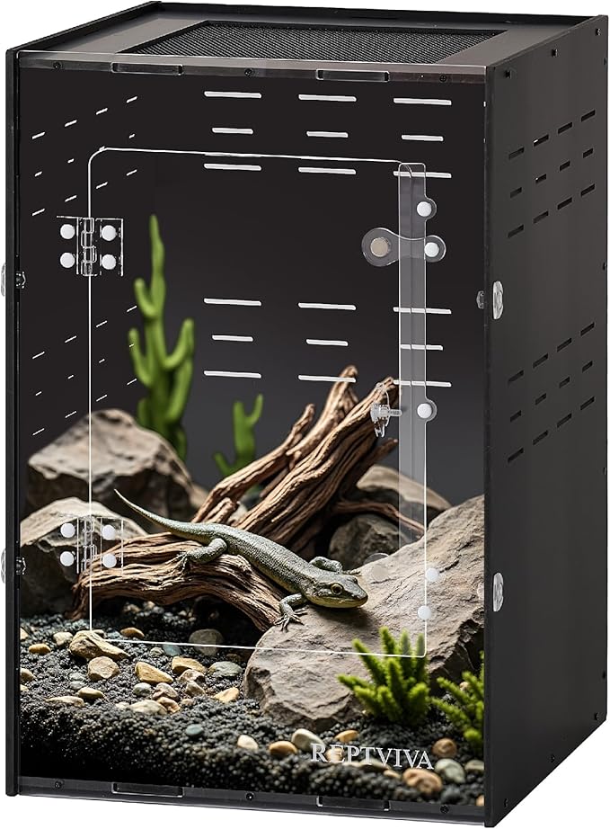 REPTVIVA 11"x11"x16" PVC Reptile Tank Enclosure - 5-Sided Blackout Terrarium with Mesh Top for Crested Geckos, Small Lizards, Tree Frogs & Arboreal Pets