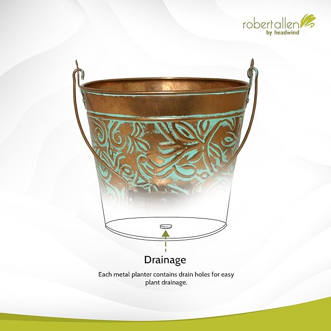 Headwind Vintage Collection - Floral Vintage Copper Planter with Handles – 8 Inch Medium Flower Pots Decorative Plant Indoor – Plant Pots Indoor with Drainage by Robert Allen