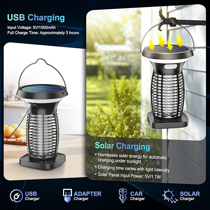 Solar Bug Zapper Outdoor, 3-in-1 Mosquito Zapper Outdoor Solar Powered, Cordless Electric Bug Zapper Indoor with Night Light, Waterproof Fly Zapper for Patio Backyard Home Kitchen Camping