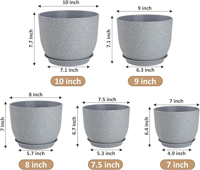 YNNICO Plant Pots 10/9/8/7.5/7 inch Flower Pots with Multi Mesh Drainage Holes, Planters for Indoor Outdoor Garden Plants and Flowers. (Gray)