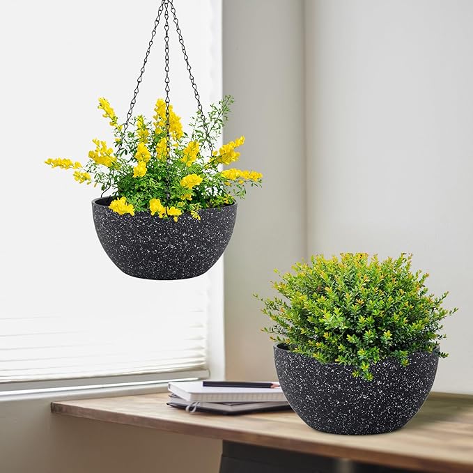 Meowell 10 inch Hanging Planters for Indoor Outdoor Plants, 2 Pack Hanging Flower Plant Pots with Drainage Holes and Chain for Garden Porch, Plastic Hanging Baskets for House Plants, Speckled Black