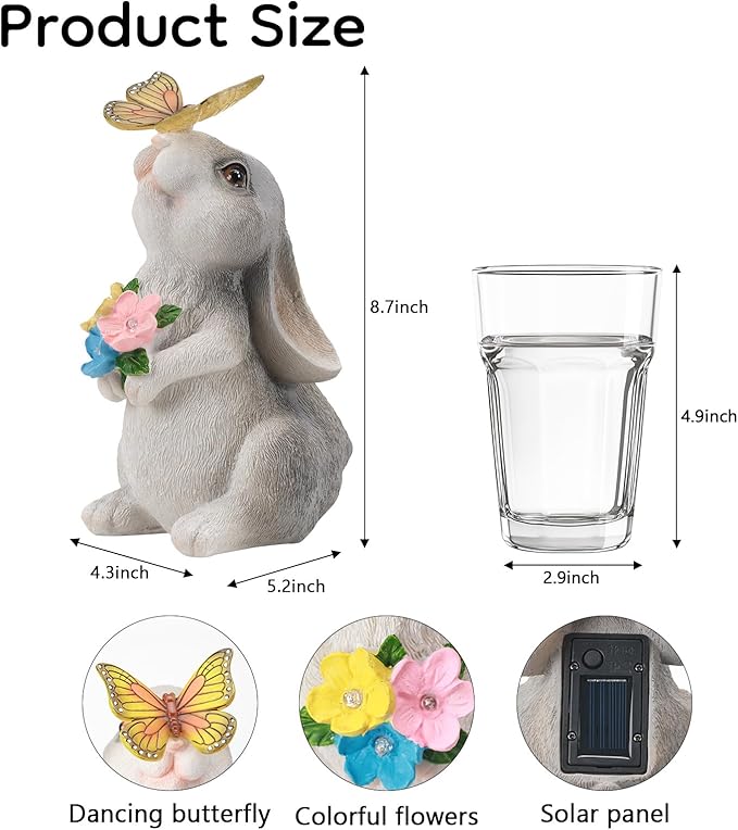 Garden Statue Outdoor Decor, Rabbit Figurines with Solar Butterfly Changing Color LED Lights, Bunny Ornament for Patio Backyard Lawn, Birthday Housewarming Gift for Women Mom Grandma
