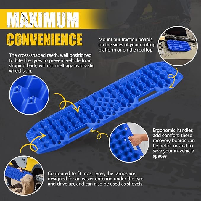 BUNKER INDUST Off-Road Traction Boards with Jack Base,Pair Recovery Track 4X4 Jeep Truck Emergency Tire Traction Mat with Bag -Sand, Mud, Snow Tracks Blue Traction Pad (Gen 7th)