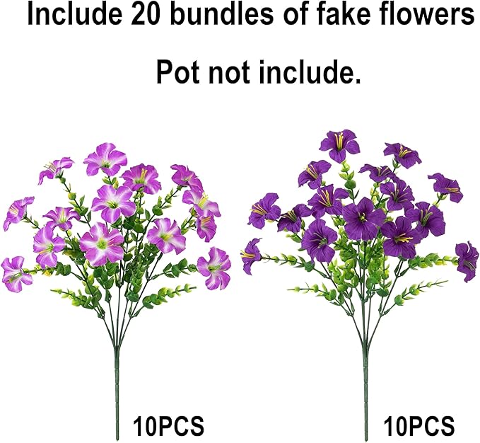 Artificial Flowers for Outdoors Fake Plants Outside Decoration, 20 Bundles Silk Petunia with Eucalyptus UV Resistant Realistic Faux Flowers for Outdoor Planters Garden Balcony Yard Porch Patio, Mix