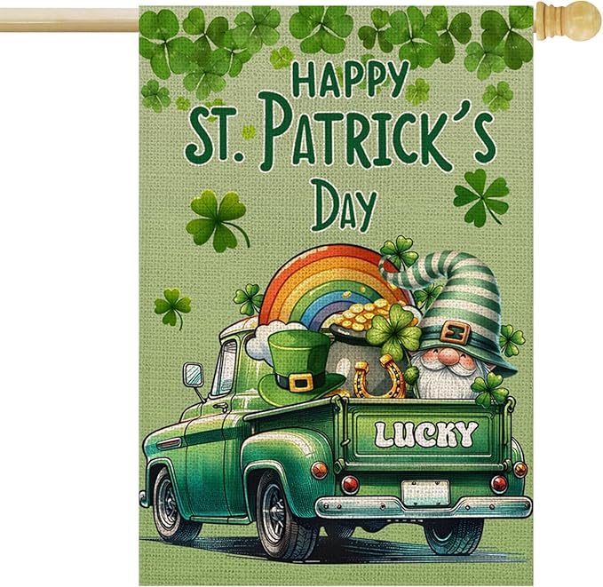 Happy St Patricks Day House Flag 28x40 Inch Double Sided Lucky Clovers Shamrocks Gnome Rainbow Truck Outside Large Holiday Flag for Yard Outdoor Decoration