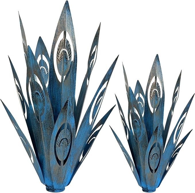 Tequila Rustic Sculpture DIY Metal Agave Plant Home Decor Rustic Hand Painted Metal Agave Garden Ornaments Outdoor Decor Figurines Home Yard Decorations Stakes Lawn Ornaments (Blue new 2PCS)