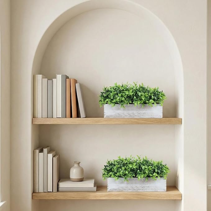 Lyrow 4 Pack Artificial Eucalyptus Plant in Rectangular Rustic Wooden Planter Box Faux Potted Herb Plant Table Centerpiece for Kitchen Windowsill Shelf Decor (White,16 '')