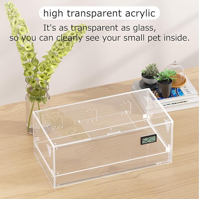 Giznzg Acrylic Tarantula Enclosure, Reptile Terrarium Breeding Tank w/Temperature Hygrometer,Habitat Reptiles Feeding Box Isopod Terrarium Cage for Insect Lizard Home Office (Reptile-Tank-L(Tray))
