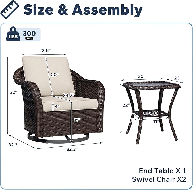 4 PCS Outdoor Conversation Set | 4 Swivel Chairs, 2 Side Tables, Patio Wicker Conversation Furniture with Removable Cushions for Bistro, Deck, Sunroom (Beige)