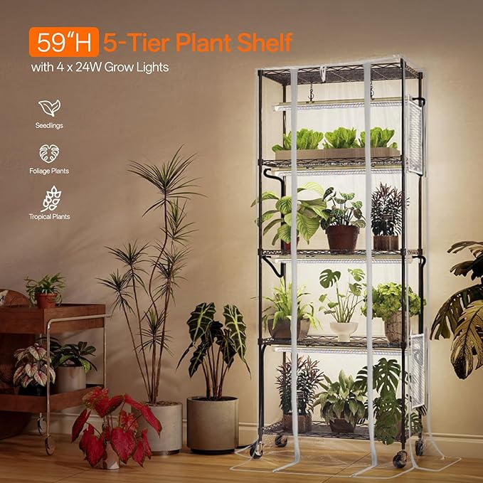 Bstrip Indoor Greenhouse with Grow Light, Mini Greenhouse with 4 Pack 24W Full Spectrum Plant Lights & Timer, Plant Shelf with Grow Tent for Indoor Plant, Seed Starting, Seed Tray, 23.5"x13.8"x 59"
