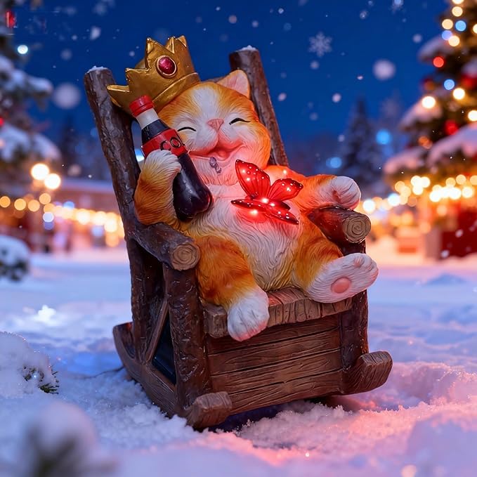 Solar Cat Garden Statue – Funny Orange Tabby Cat with Crown & Cola, LED Butterfly Light, Sitting on Rocking Chair – Outdoor Patio Decor for Yard, Porch, Lawn, or Gift