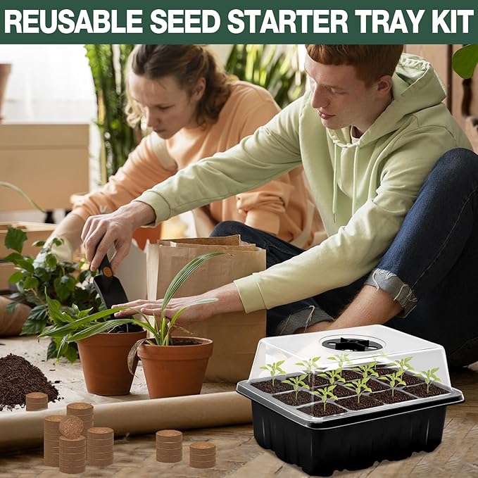 ZeeDix 10 Pack Seed Starter Trays Kit with 120 PCS Coco Pellets, Base Tray for Indoor Planting, Mini Greenhouse Germination System for Herbs Vegetables Gardening Supplies(120 Cells Total Tray)