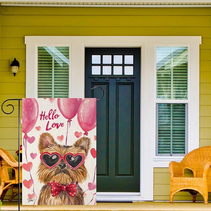 Valentine's Day Brussels-Griffon Hello Love Garden Flag, House Yard Plaid Love Heart Outside Decoration, Spring Holiday Wedding Anniversary Outdoor Small Decor 12x18(12653)