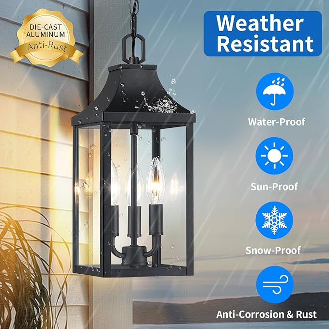 15'' Large Outdoor Pendant Light Fixtures 3-Light, Exterior Hanging Lantern Porch Light Adjustable, Black Hanging Lamp Farmhouse Exterior Chandelier Ceiling Mount for Entrance Patio