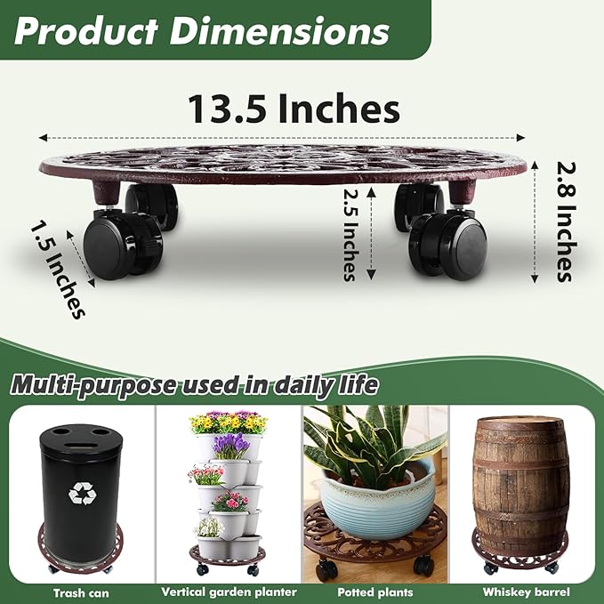 1 Packs 14 Inch Rolling Plant Stand with Wheels Metal Plant Caddy with Wheels Heavy Duty Round Plant Stand Indoor Iron Plants Rollers for Plants, Plant Dolly Brown