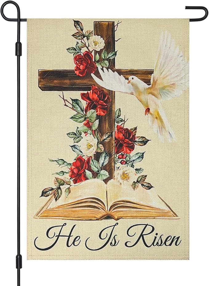 He Is Risen Easter Garden Flag Double Sided 12×18 Inch,Cross Flowersn Dove Decorations Small Burlap Religious Holiday Yard Flags for Outside