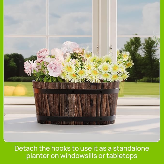 Wooden Hanging Planter for Railing Fence Outdoor Planter Railing Planter Boxes for Plants Wall Planters Window Flower Box Hanging Bucket Pots Countryside Plant Holder (Carbonized,2pcs,Small)