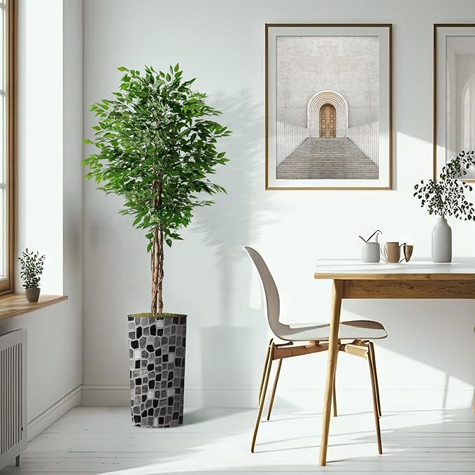 Artificial Tree in Modern Geometric Pattern Planter, Fake Ficus Silk Tree for Indoor and Outdoor Home Decoration - 75" Overall Tall (Plant Pot Plus Tree)
