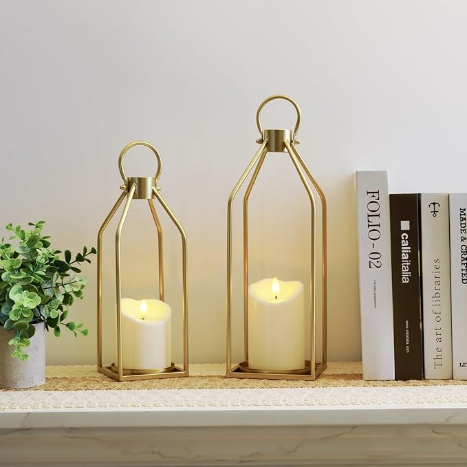 Homemory Modern Farmhouse Lantern Decor with Waterproof Flameless Candle & Remote Timer, 2PCS Gold Metal Candle Lantern Decorative for Outdoor Indoor Home Living Room Patio Porch Table (Gold)