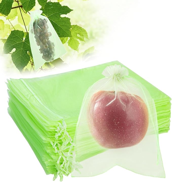 50PCS Fruit Protection Bags with Drawstring, 8x12 Inch Green Organza Produce Bags for Fruit Trees, Mesh Netting for Garden Protection