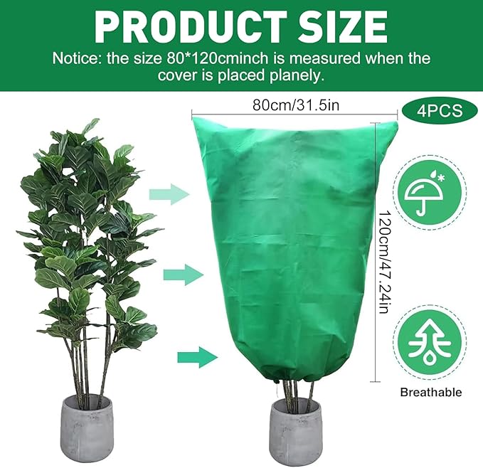 4 Pack Winter Plant Covers Freeze Protection, 47 "x 31" Thickened Frost Blankets for Outdoor Plants, Fruit Trees, Shrubs & Potted Plants | Reusable Cloth Plant Covers Jacket with Drawstring-Green