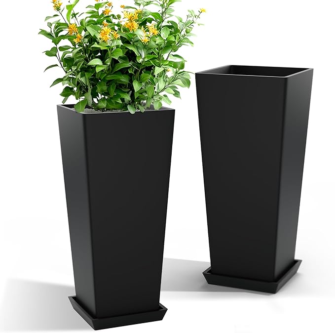 TUYOHW 24 Inch Tall Tapered Square Planters (Set of 2) - Indoor Outdoor Large Flower Pots with Built-in Drainage & Matching Water Tray for Patio, Garden, Home - Black